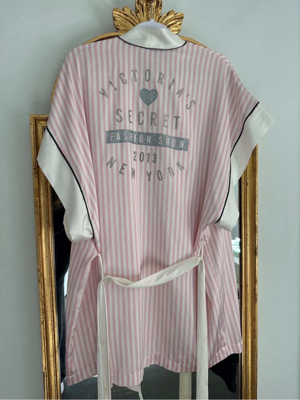 Victoria's Secret Pink and White Striped Satin Robe with Contrast Trim